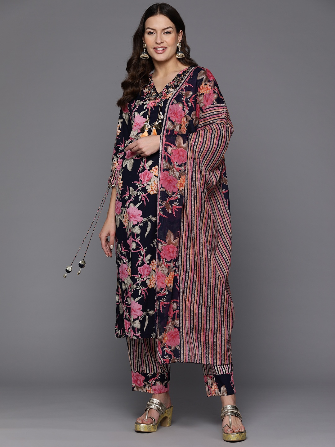 

Indo Era Women Floral Printed Beaded Pure Cotton Kurta with Trousers & With Dupatta, Blue