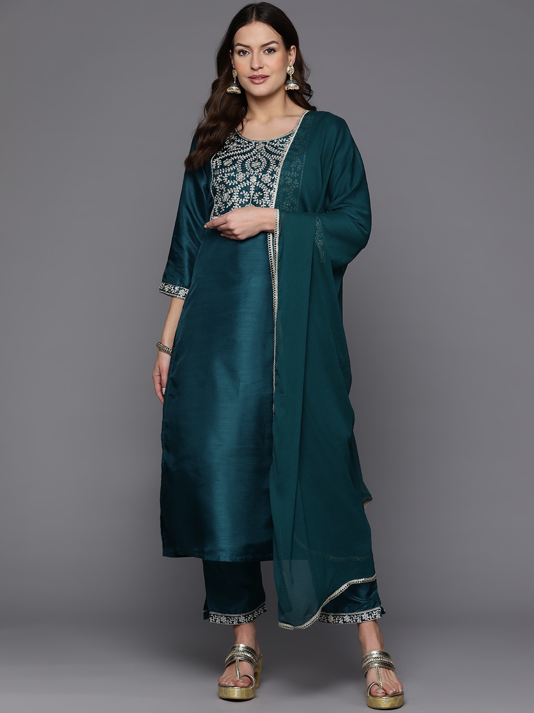 

Indo Era Women Floral Yoke Design Regular Sequinned Kurta with Trousers & With Dupatta, Teal