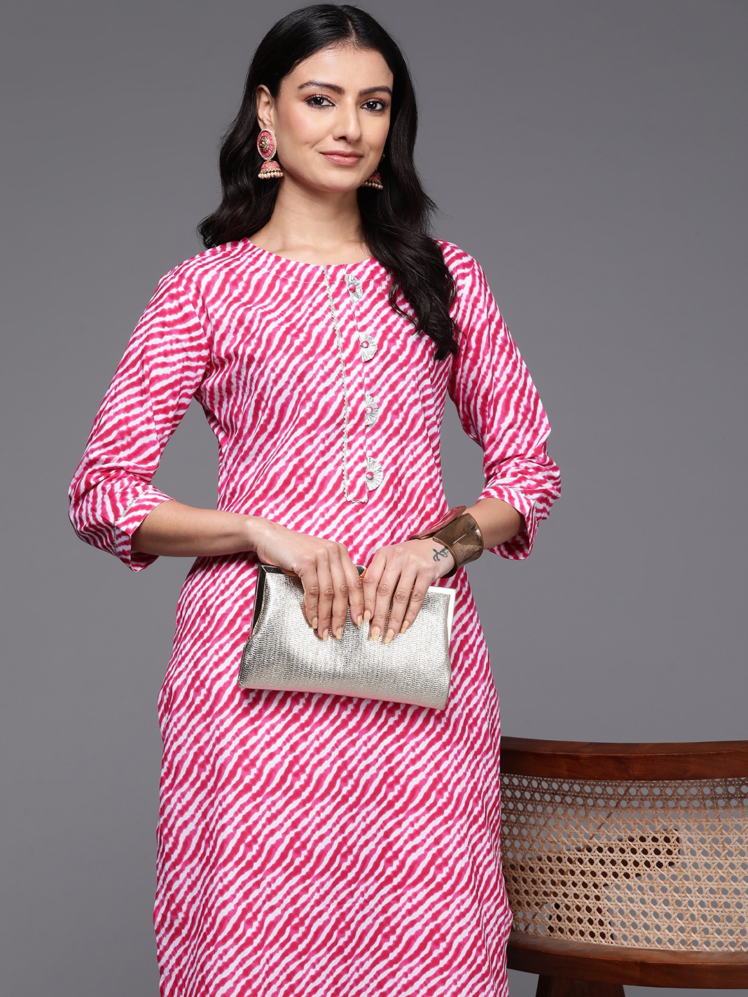 

Indo Era Leheriya Printed Gotta Patti Pure Cotton Kurta, Pink