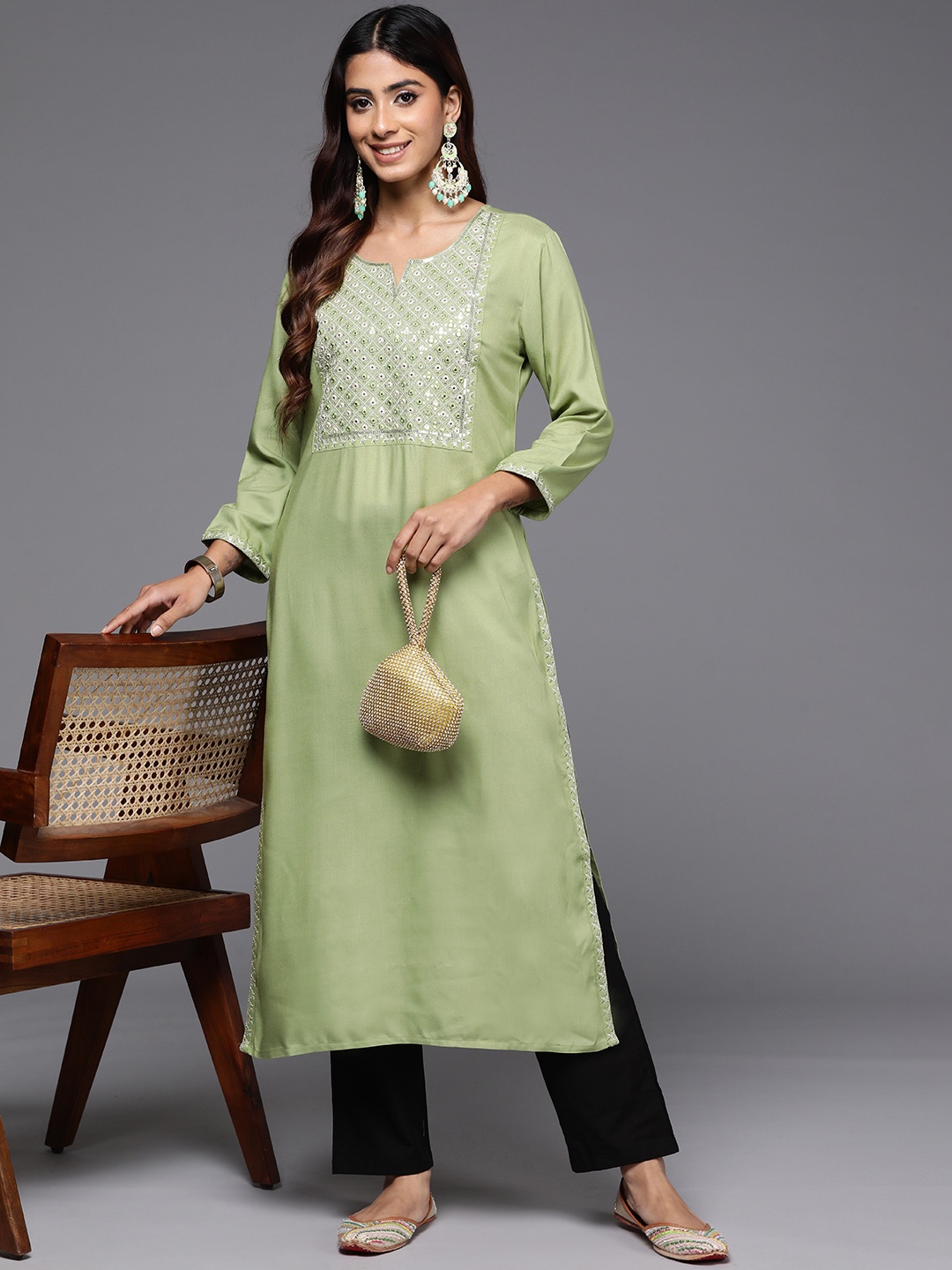 Indo Era Geometric Embroidered Mirror Work Kurta, Sea green