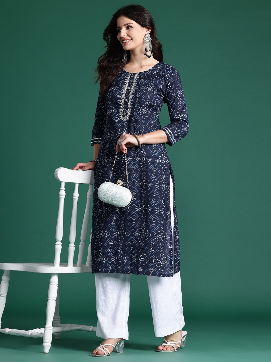

Indo Era Bandhani Printed Gotta Patti Kurta, Blue