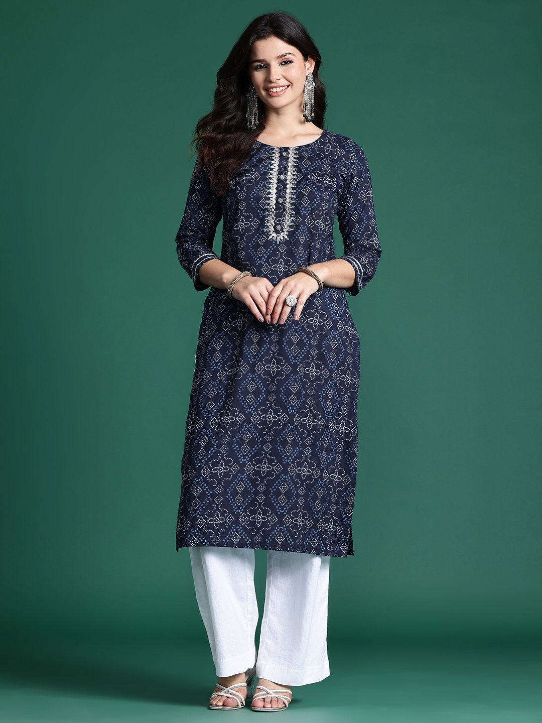 

Indo Era Bandhani Printed Gotta Patti Kurta, Blue