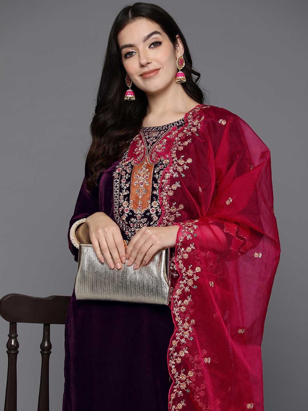 

Indo Era Women Floral Embroidered Regular Thread Work Velvet Kurta with Trousers & Dupatta, Burgundy