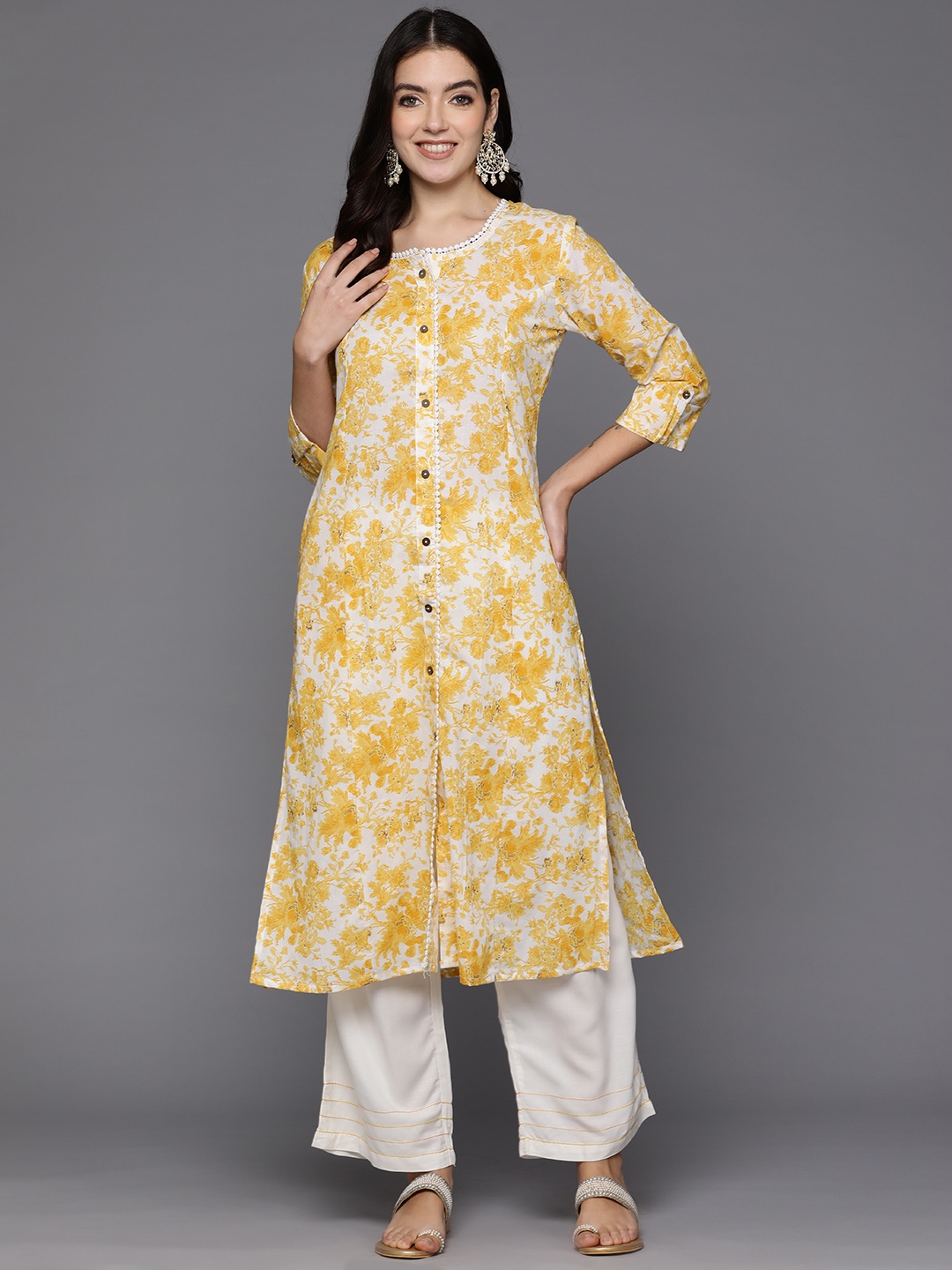 

Indo Era Women Floral Printed Kurta, Yellow