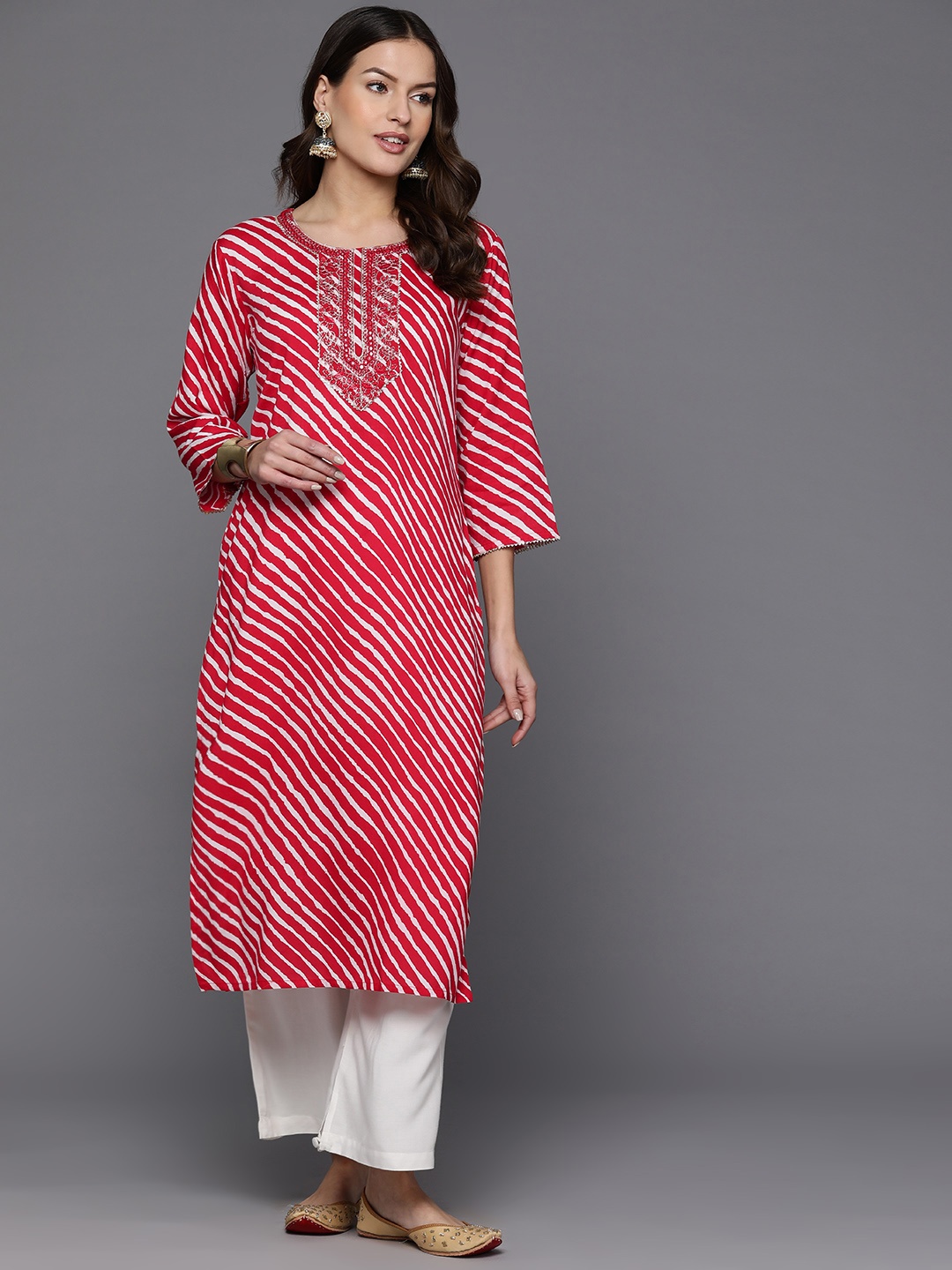 

Indo Era Leheriya Printed Mirror Work Kurta, Red