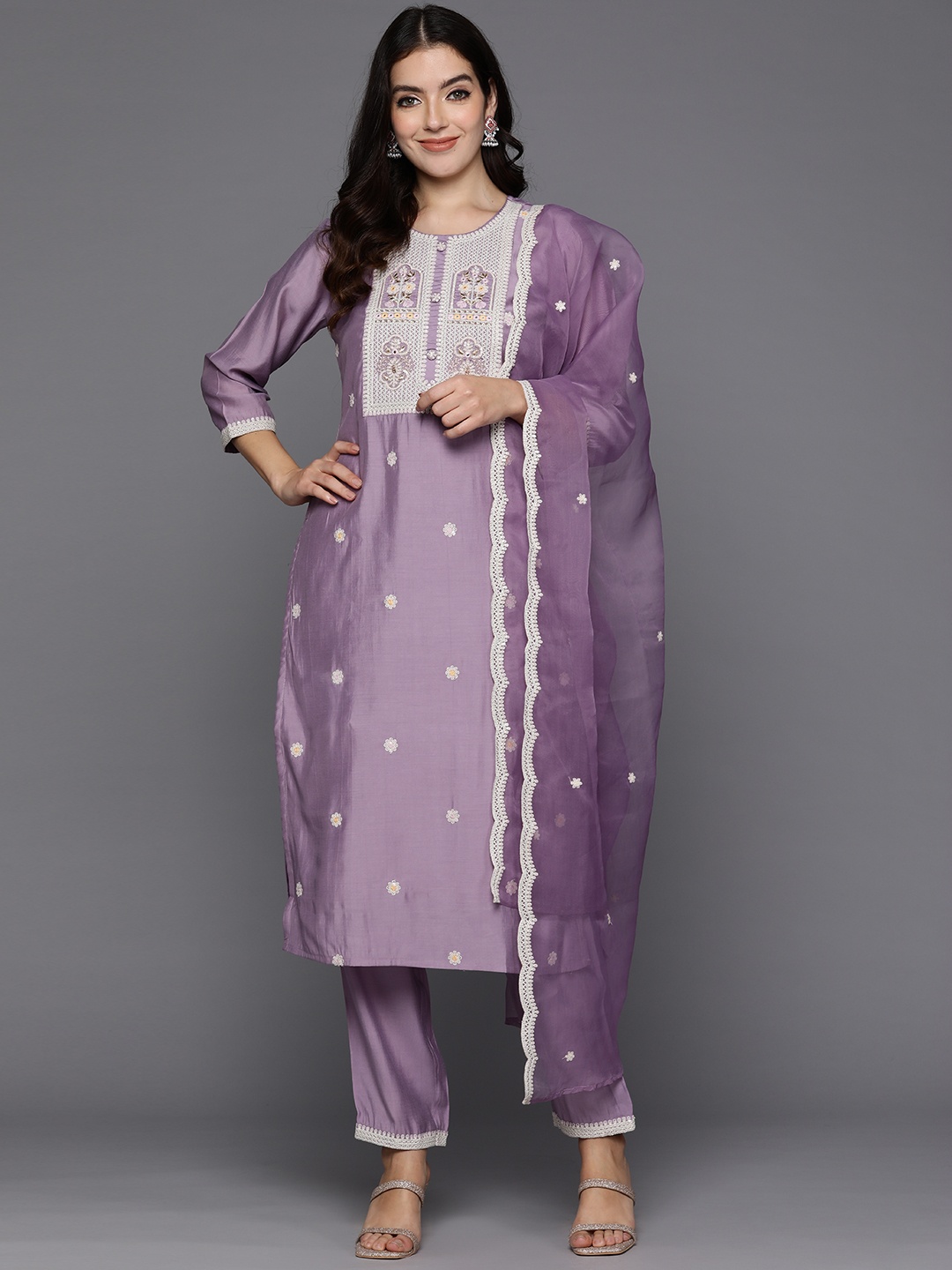 

Indo Era Women Floral Yoke Design Regular Mirror Work Kurta with Trousers & With Dupatta, Lavender