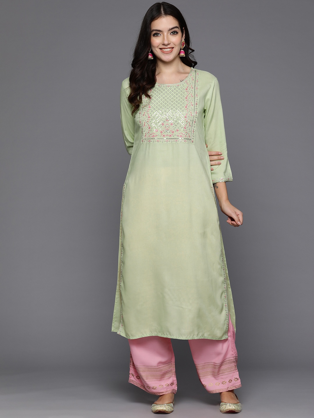 

Indo Era Floral Embroidered Sequinned Kurta, Sea green