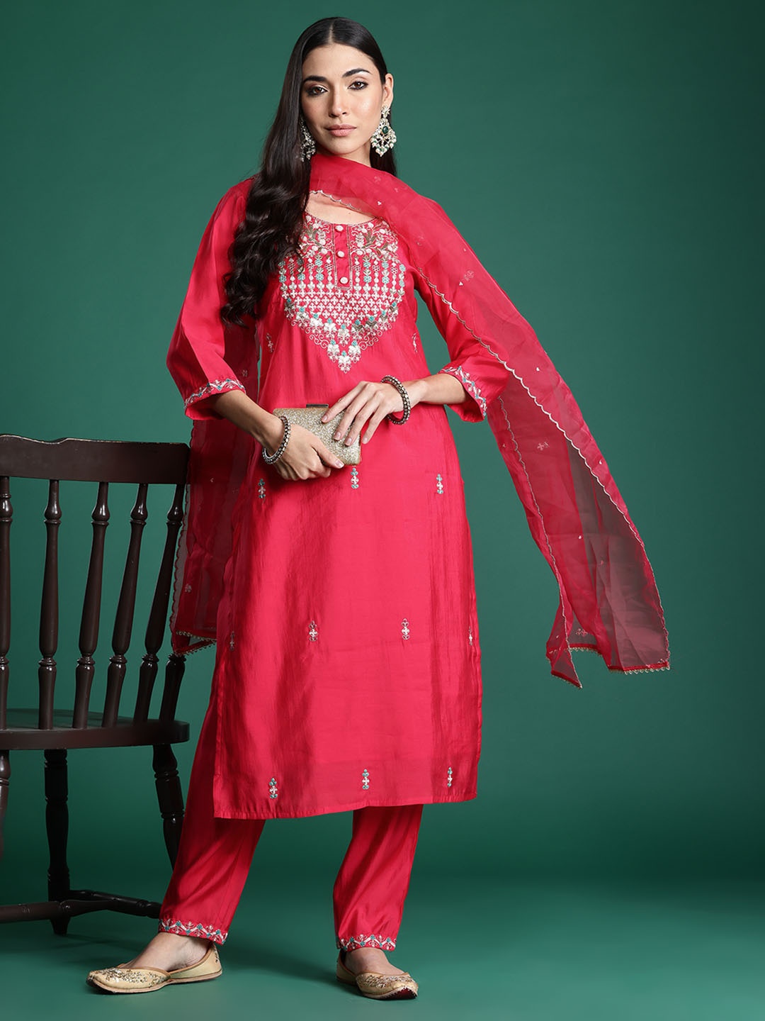 

Indo Era Embroidered Sequinned Kurta with Trousers & With Dupatta, Red