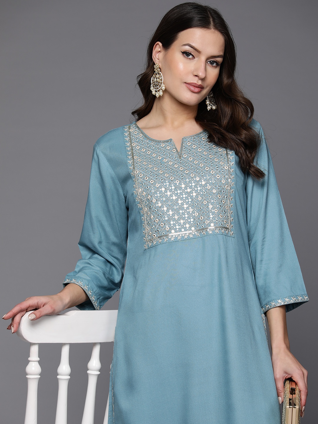 

Indo Era Geometric Embroidered Mirror Work Kurta, Blue