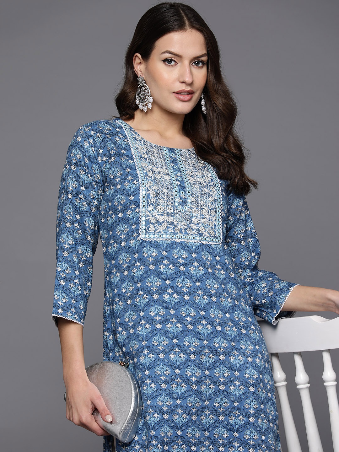 

Indo Era Floral Printed Mirror Work Kurta, Blue