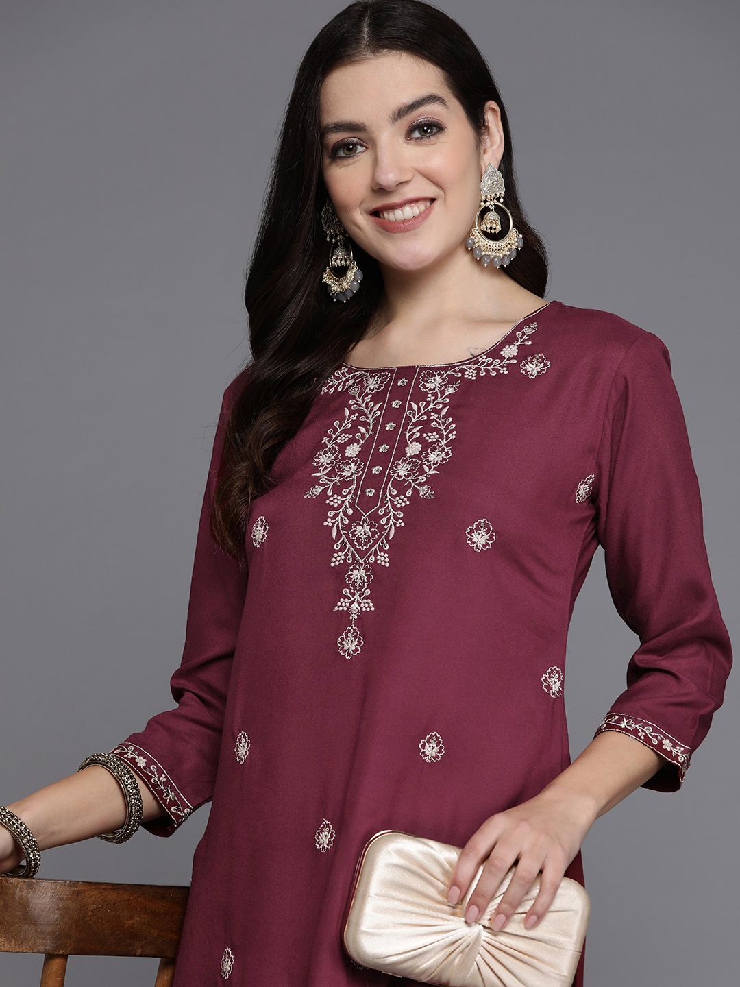 

Indo Era Women Floral Yoke Design Kurta, Maroon