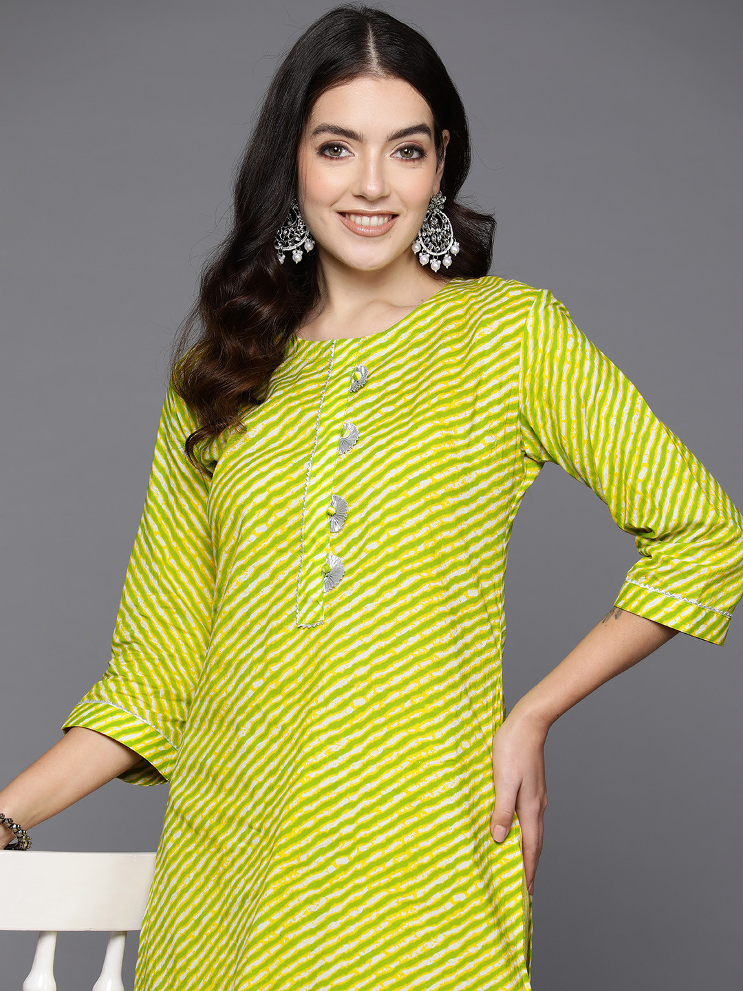 

Indo Era Leheriya Printed Pure Cotton Gotta Patti Kurta, Green