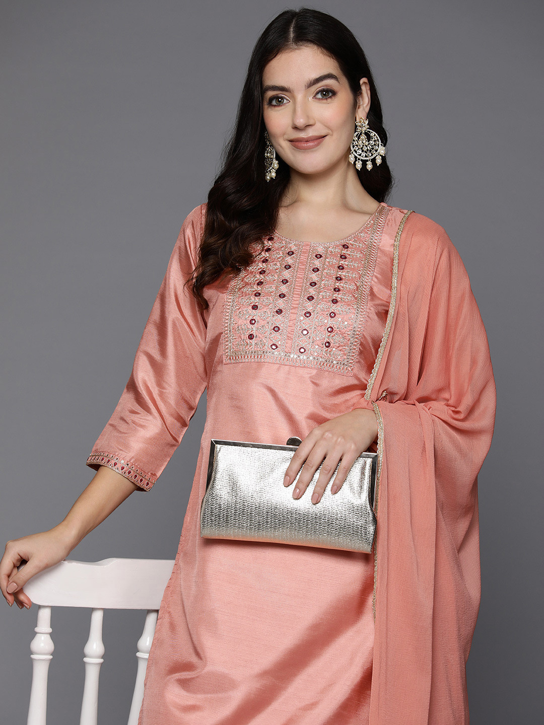 

Indo Era Women Yoke Design Regular Mirror Work Kurta with Trousers & With Dupatta, Peach