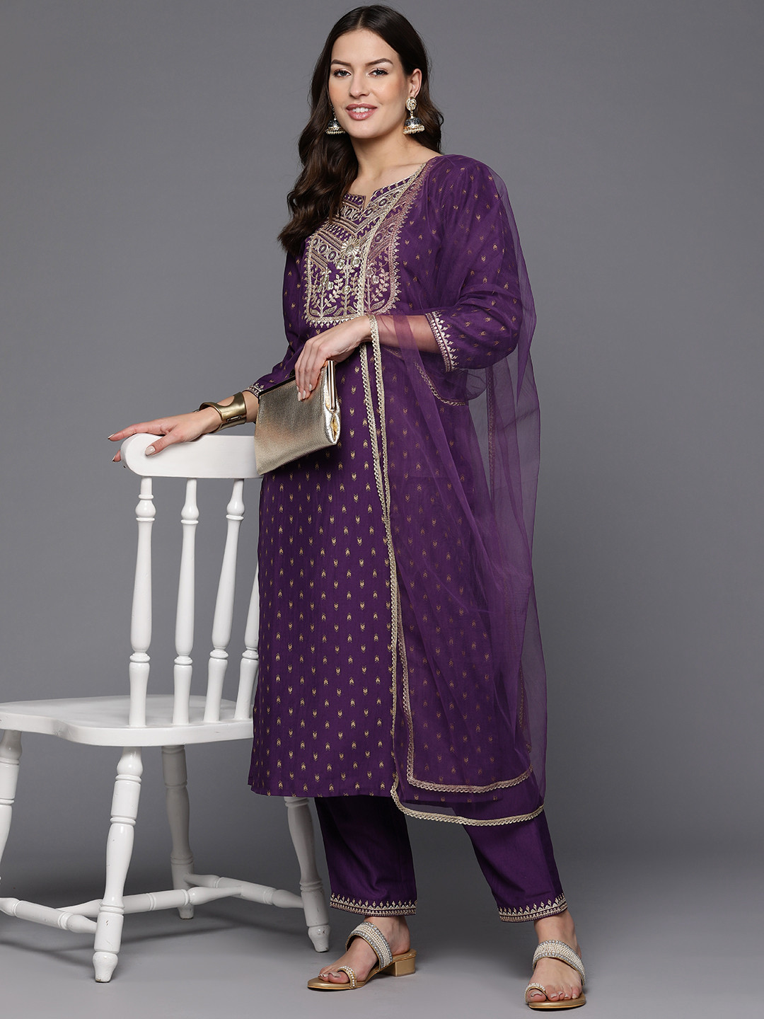 

Indo Era Women Floral Yoke Design Regular Sequinned Kurta with Trousers & Dupatta, Purple