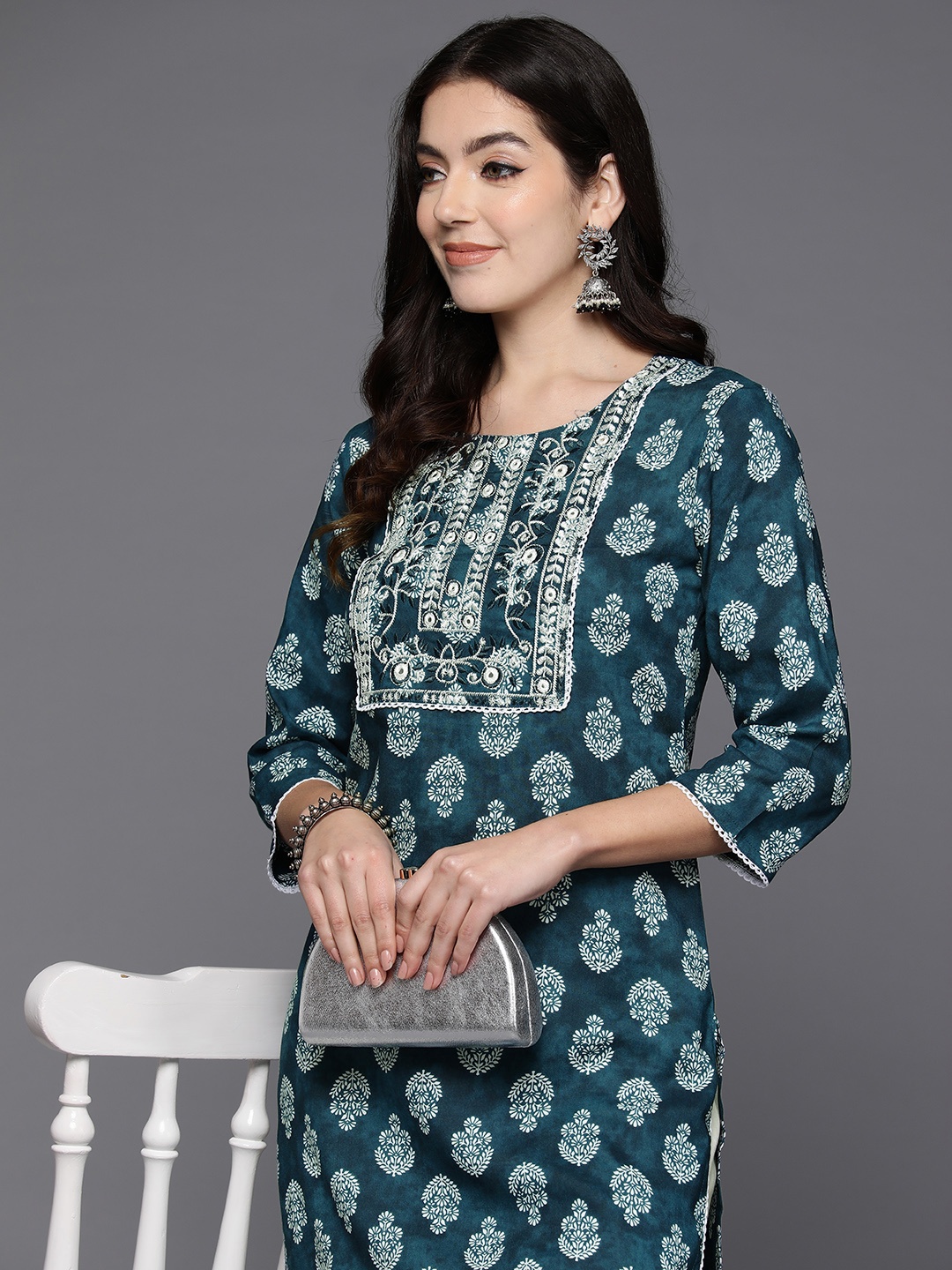 

Indo Era Women Ethnic Motifs Printed Mirror Work Kurta, Teal