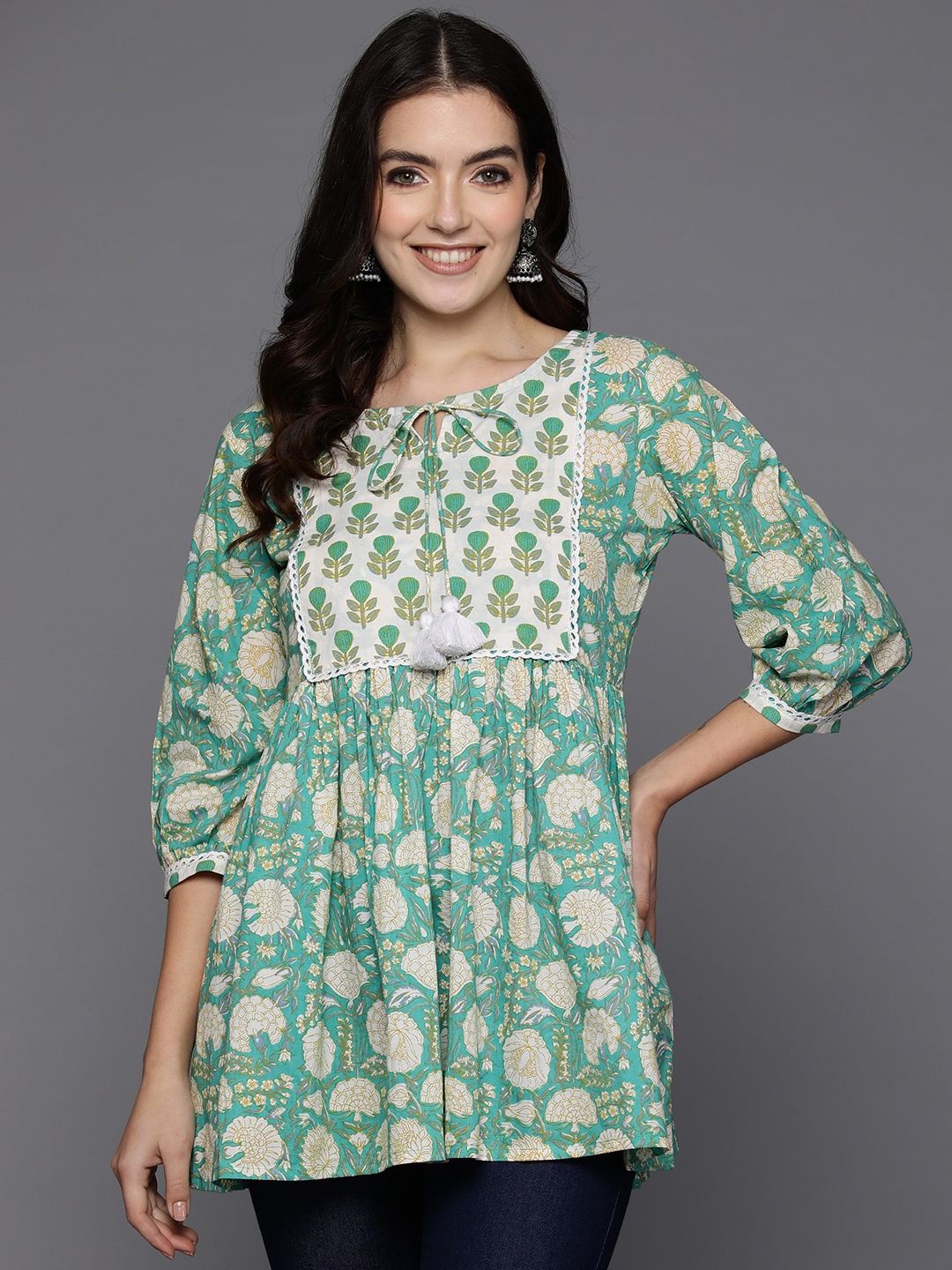 

Indo Era Floral Printed Tie-Up Neck Tunic, Sea green