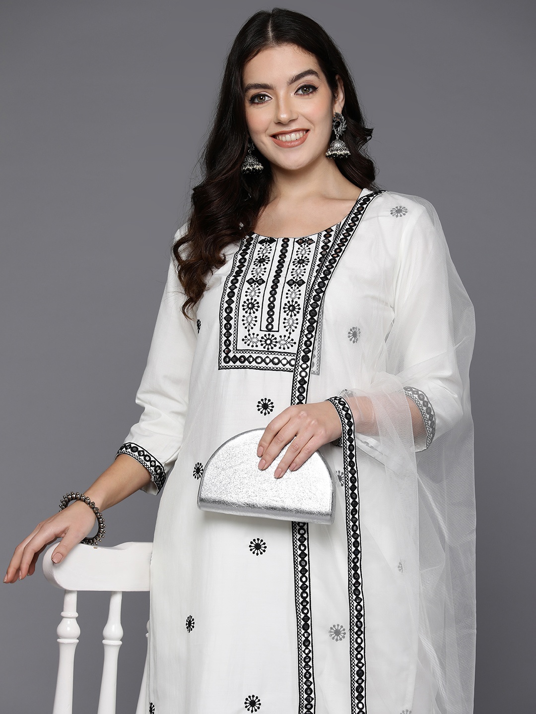 

Indo Era Women Embroidered Regular Thread Work Kurta with Trousers & Dupatta, White