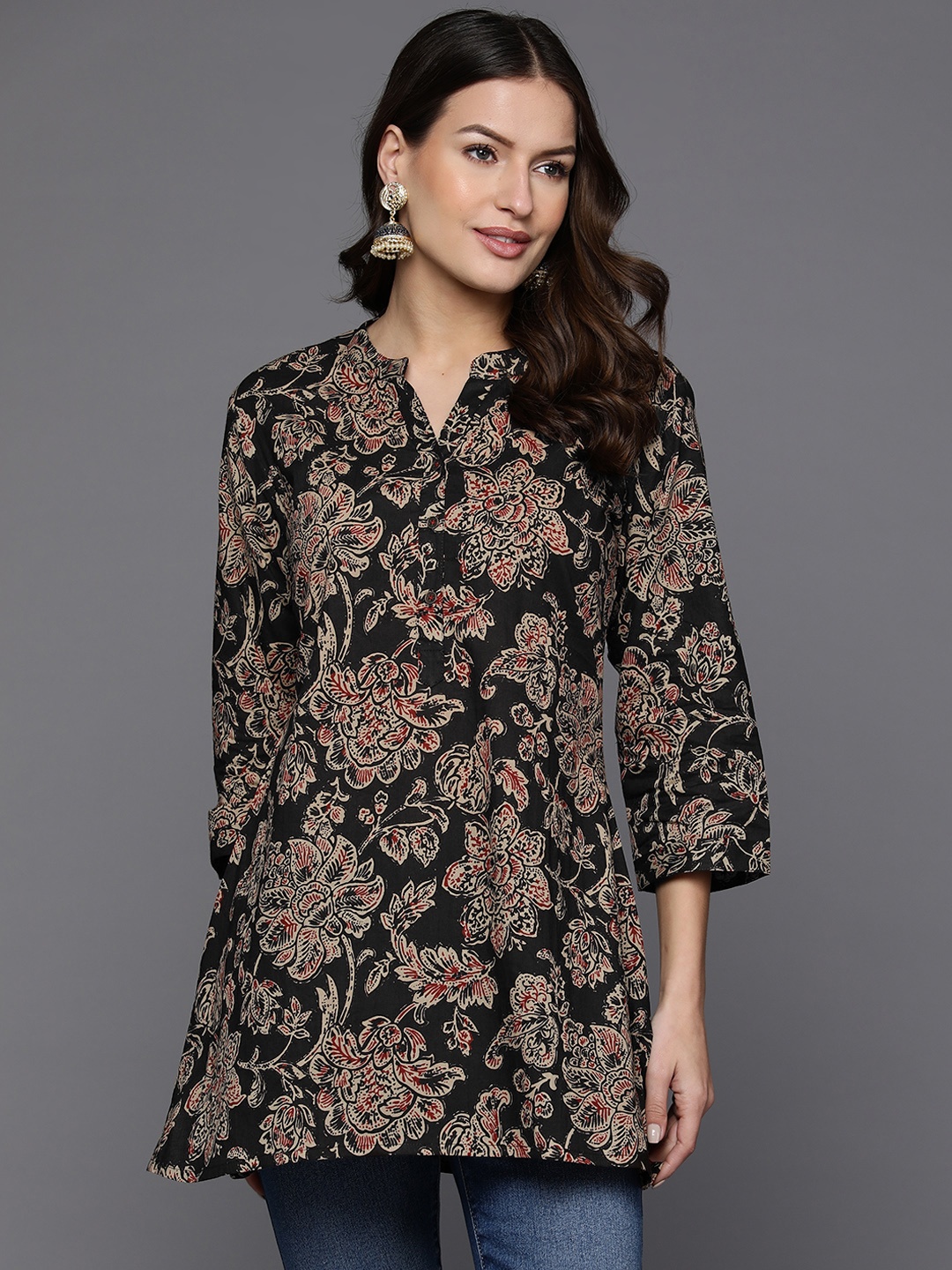 

Indo Era Mandarin Collar Floral Printed Tunic, Black