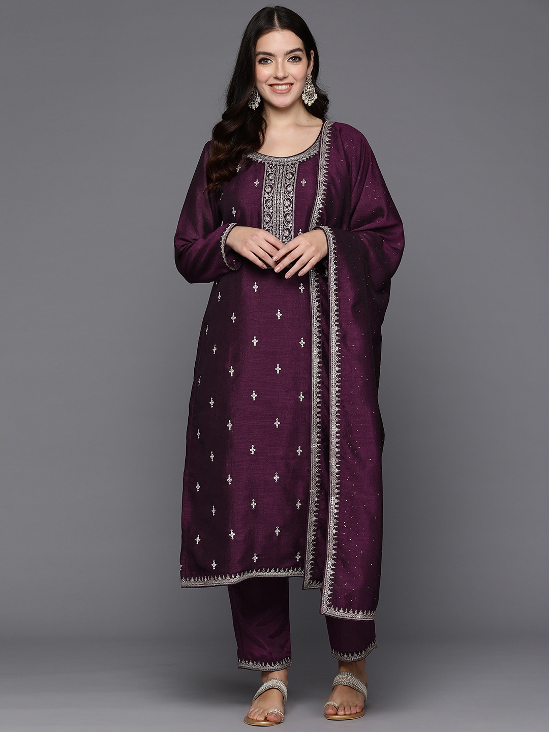 

Indo Era Women Embroidered Regular Sequinned Kurta with Trousers & With Dupatta, Burgundy