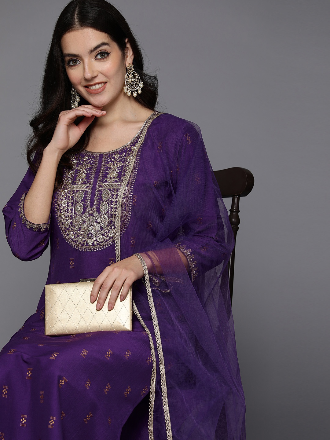 

Indo Era Women Ethnic Motifs Yoke Design Regular Sequinned Kurta with Trousers & Dupatta, Purple