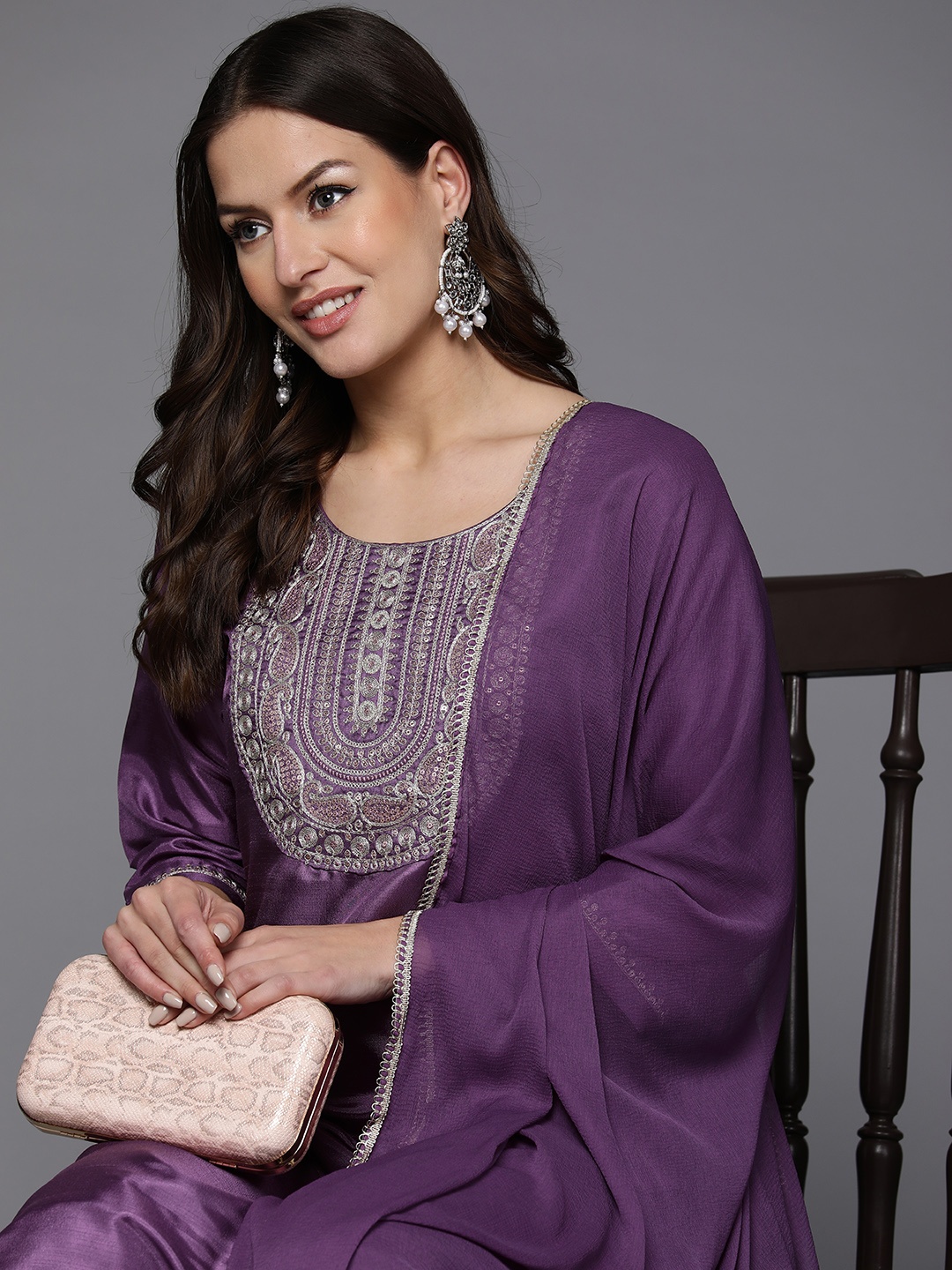 

Indo Era Women Paisley Yoke Design Regular Sequinned Kurta with Trousers & Dupatta, Purple