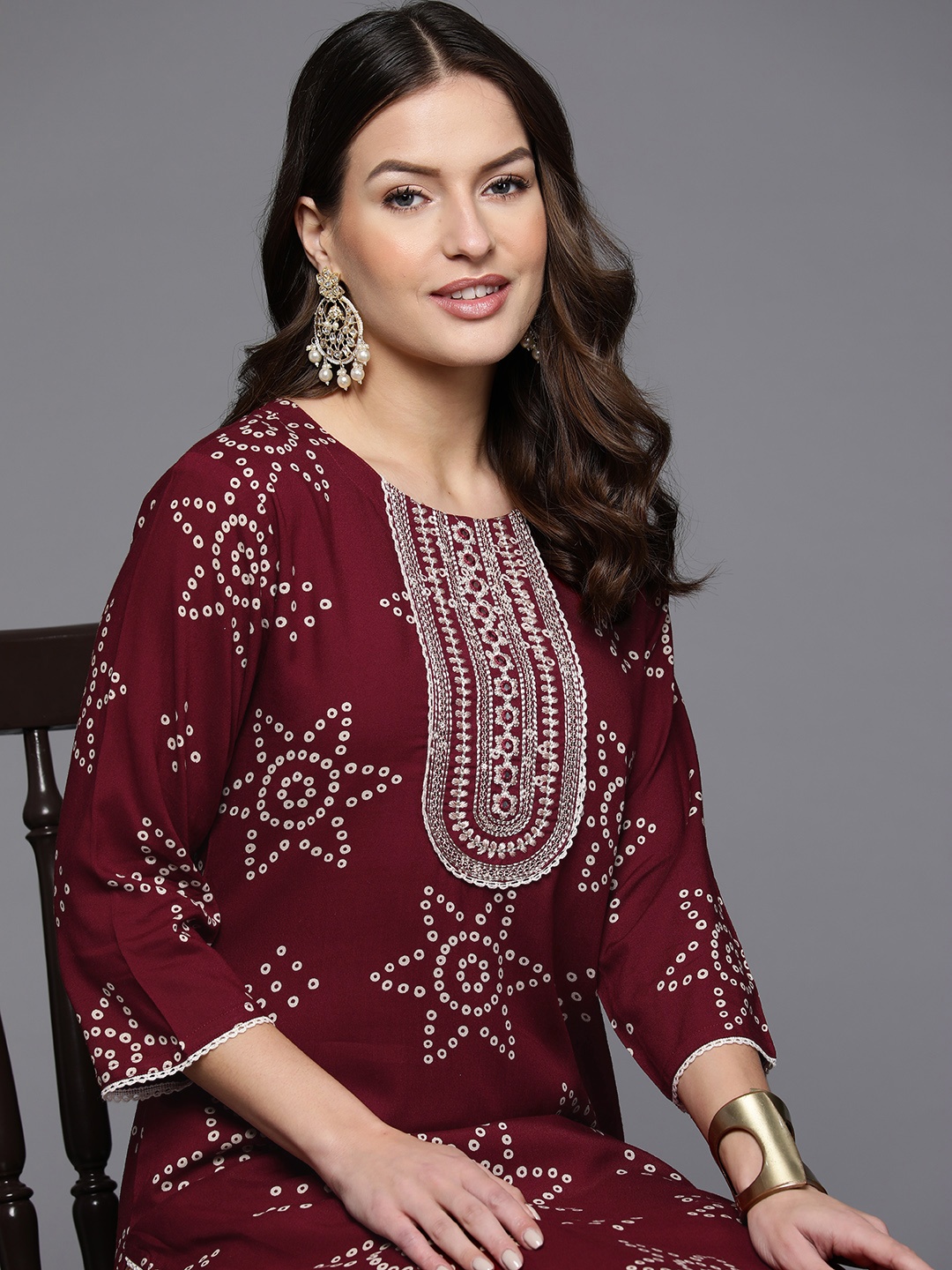 

Indo Era Women Bandhani Printed Mirror Work Kurta, Maroon