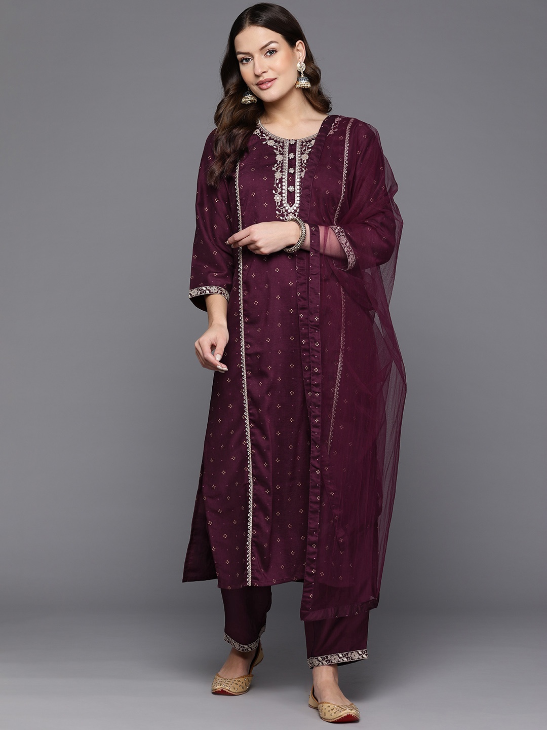 

Indo Era Women Ethnic Motifs Embroidered Sequinned Kurta with Trousers & With Dupatta, Burgundy