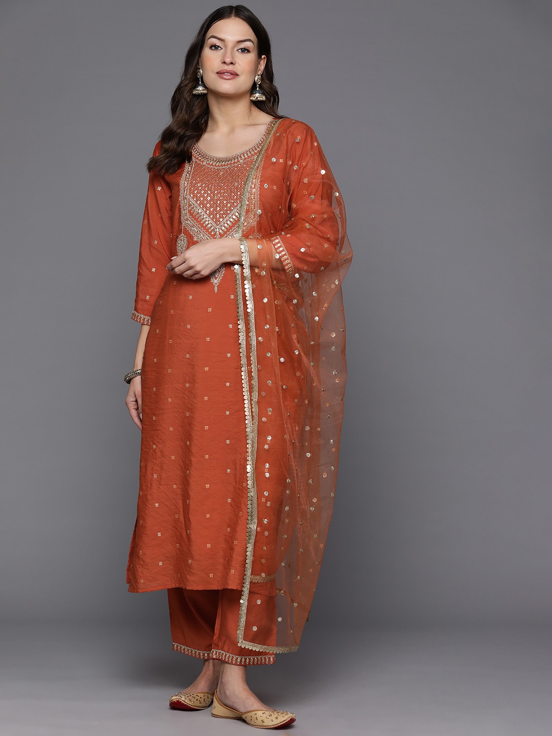 

Indo Era Women Ethnic Motifs Embroidered Sequinned Kurta with Trousers & With Dupatta, Orange