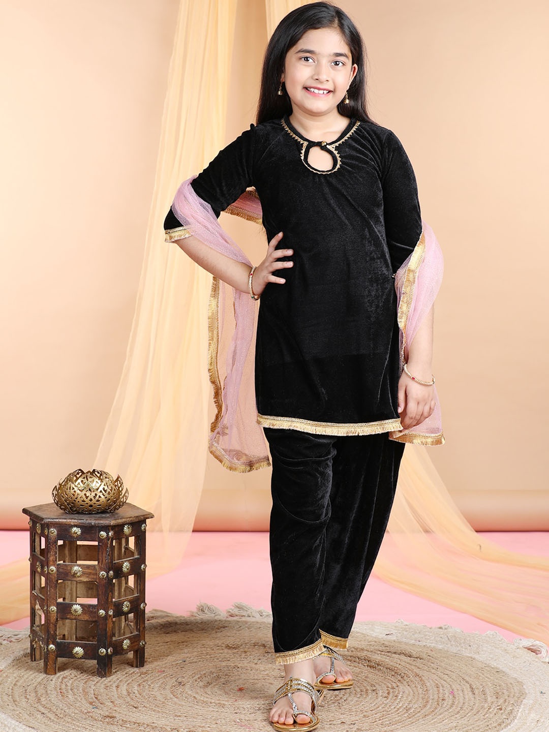 

Cutiekins Girls Keyhole Neck Gotta Patti Velvet A-Line Kurta With Dhoti Pant & Dupatta, Black