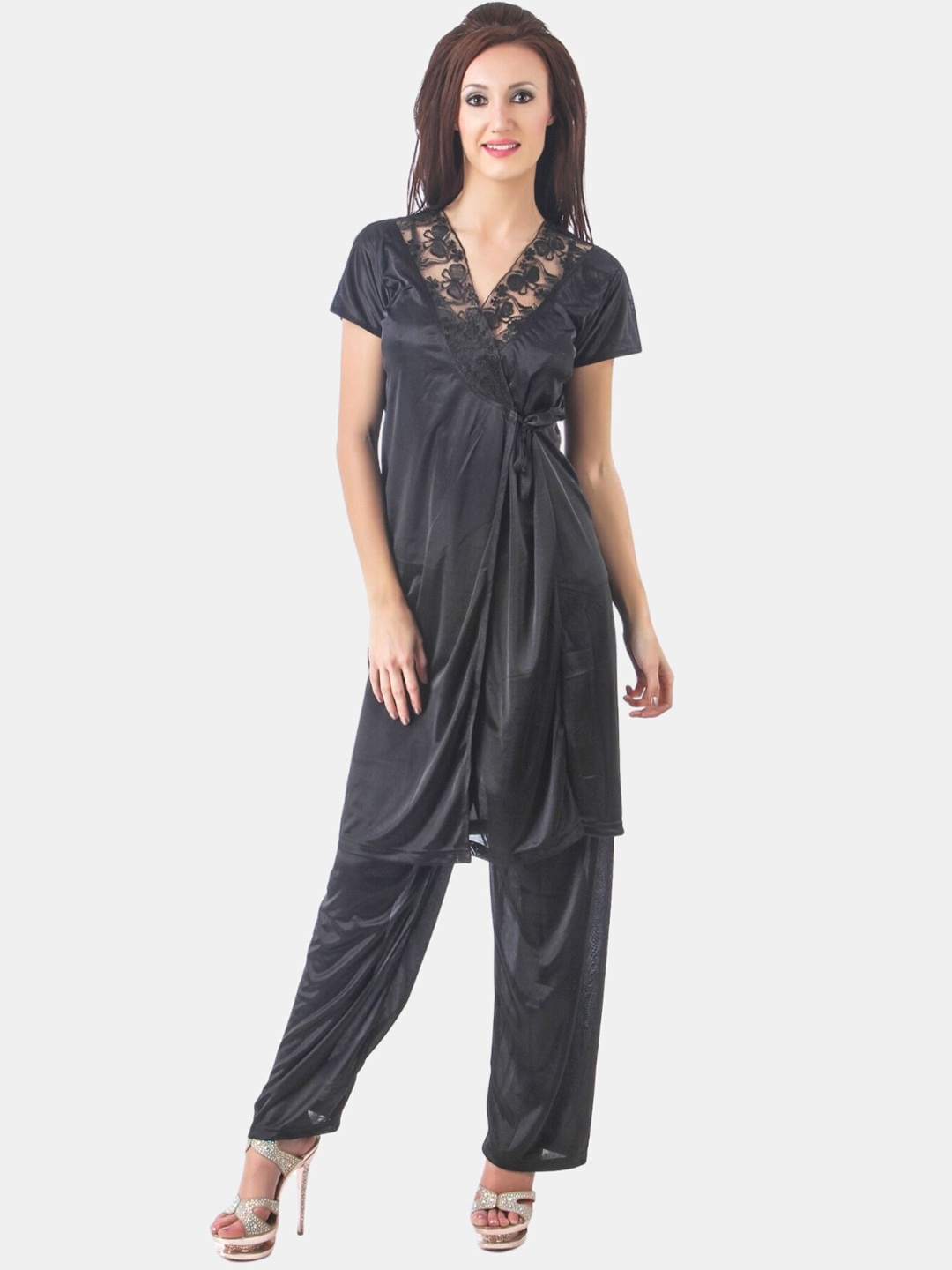 

Fasense Lace Detail Satin Top & Pyjama Set with Robe, Grey