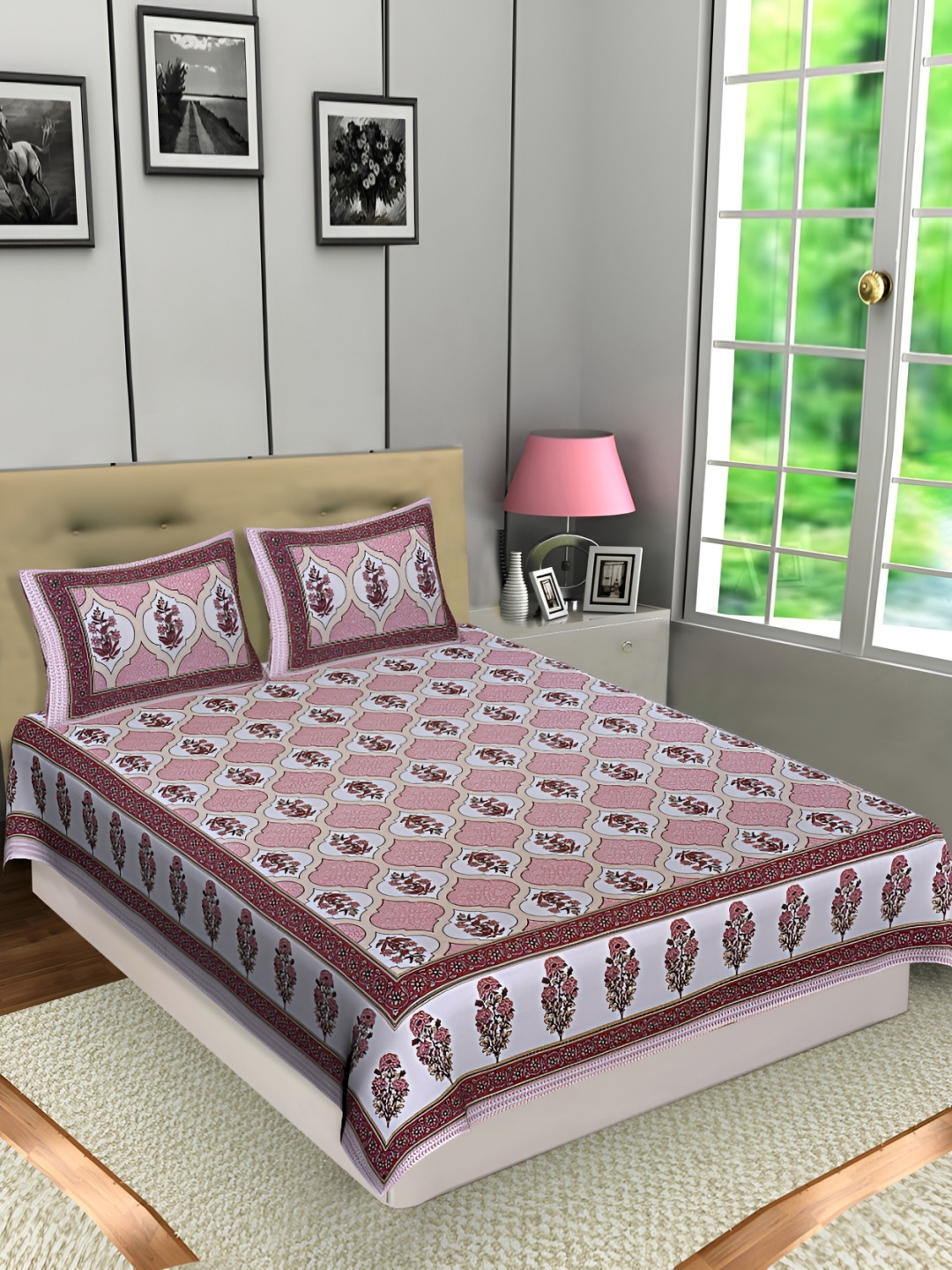 

Texstylers Pink Floral Cotton 144 TC Queen Bedsheet with 2 Pillow Covers 120 GSM