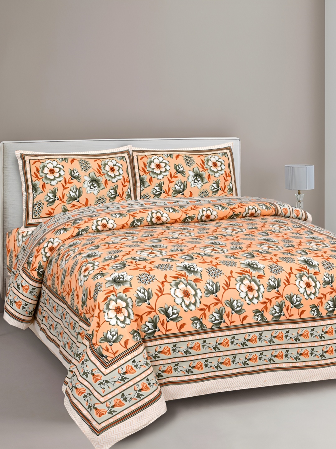 

Texstylers Orange Floral Cotton 144 TC Queen Bedsheet with 2 Pillow Covers 120 GSM