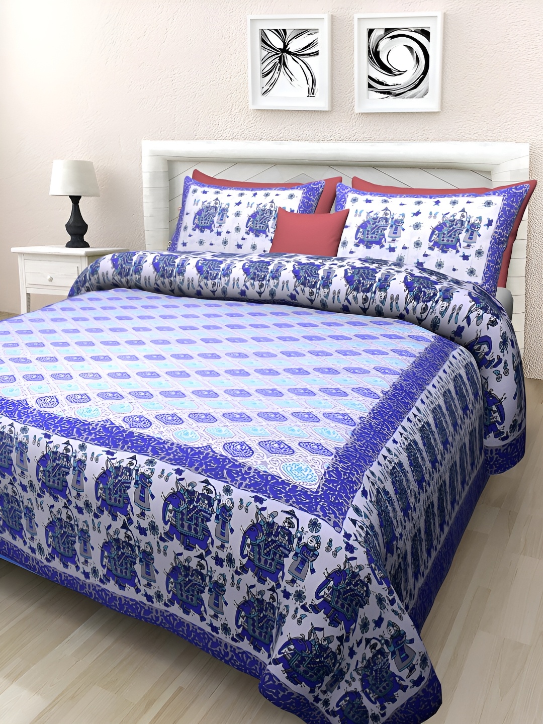 

Texstylers Blue Floral Cotton 144 TC Queen Bedsheet with 2 Pillow Covers, White