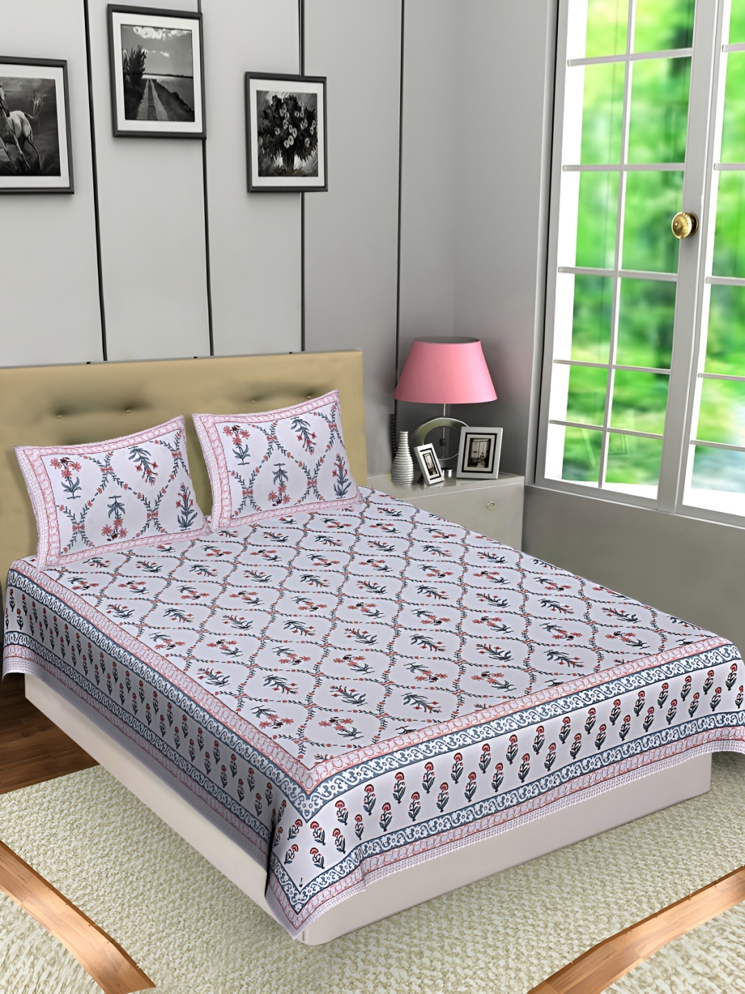 

Texstylers Pink & White Floral Cotton 144 TC Queen Bedsheet with 2 Pillow Covers