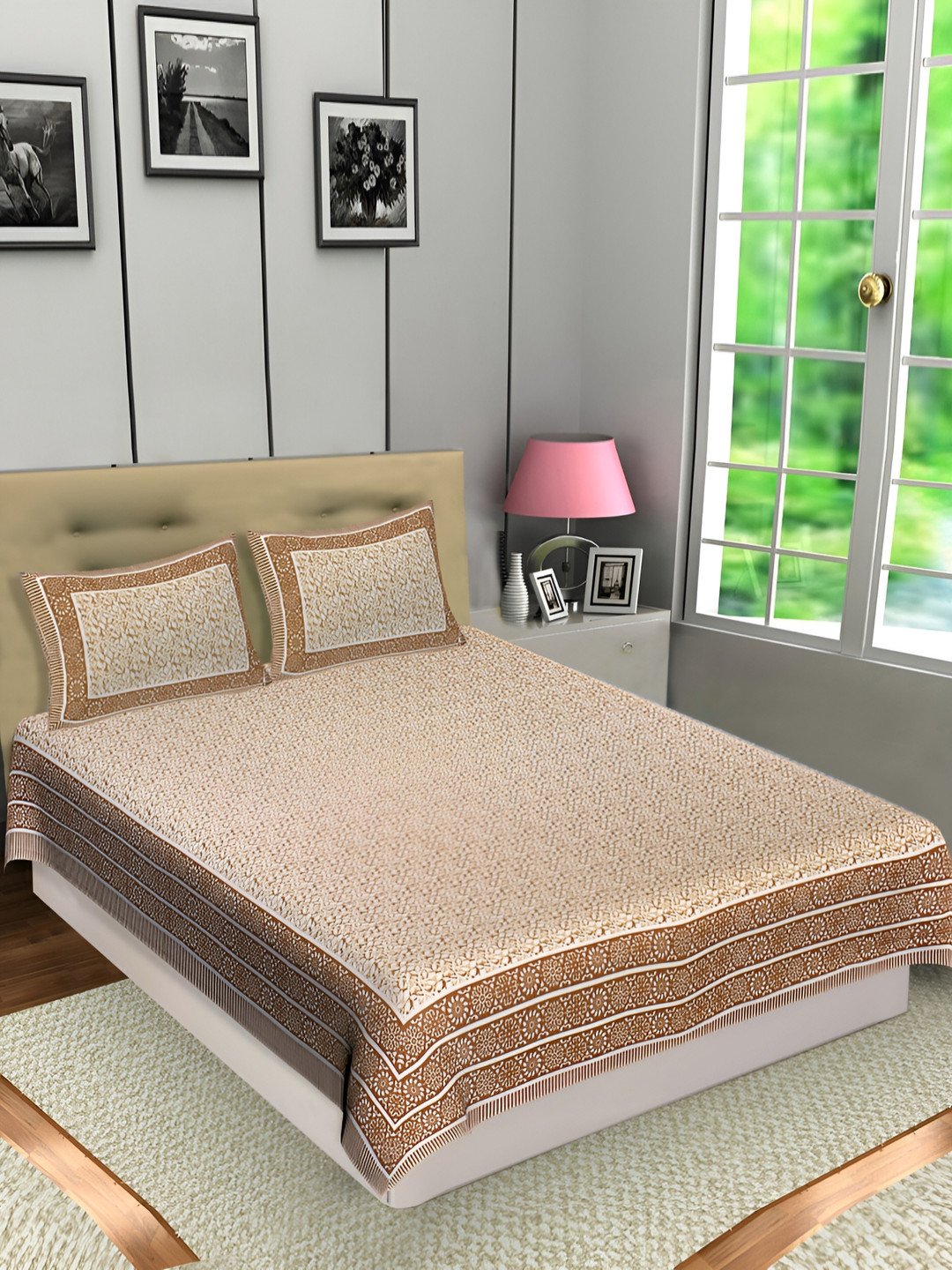 

Texstylers Orange Floral Cotton 144 TC Queen Bedsheet with 2 Pillow Covers 120 GSM