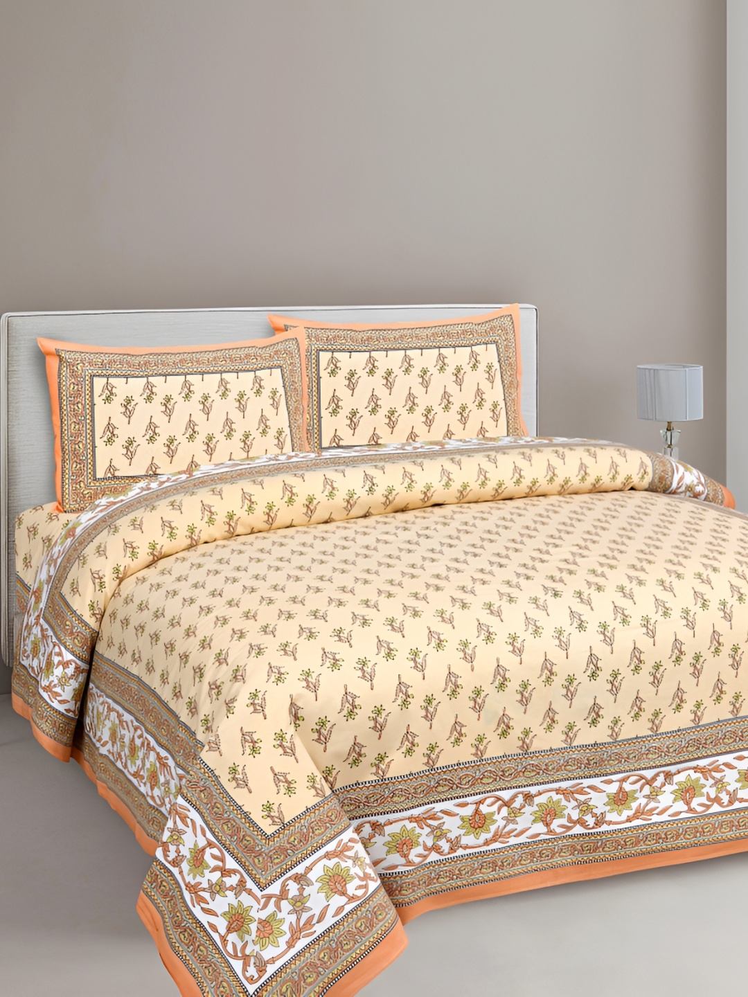 

Texstylers Orange Floral Cotton 144 TC Queen Bedsheet with 2 Pillow Covers