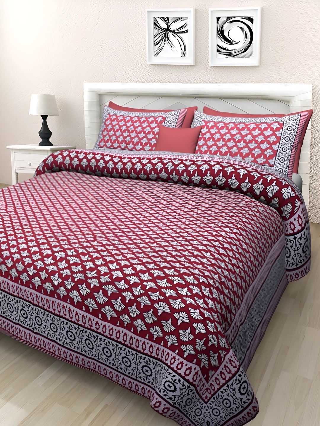 

Texstylers Red Floral Cotton 144 TC Queen Bedsheet with 2 Pillow Covers