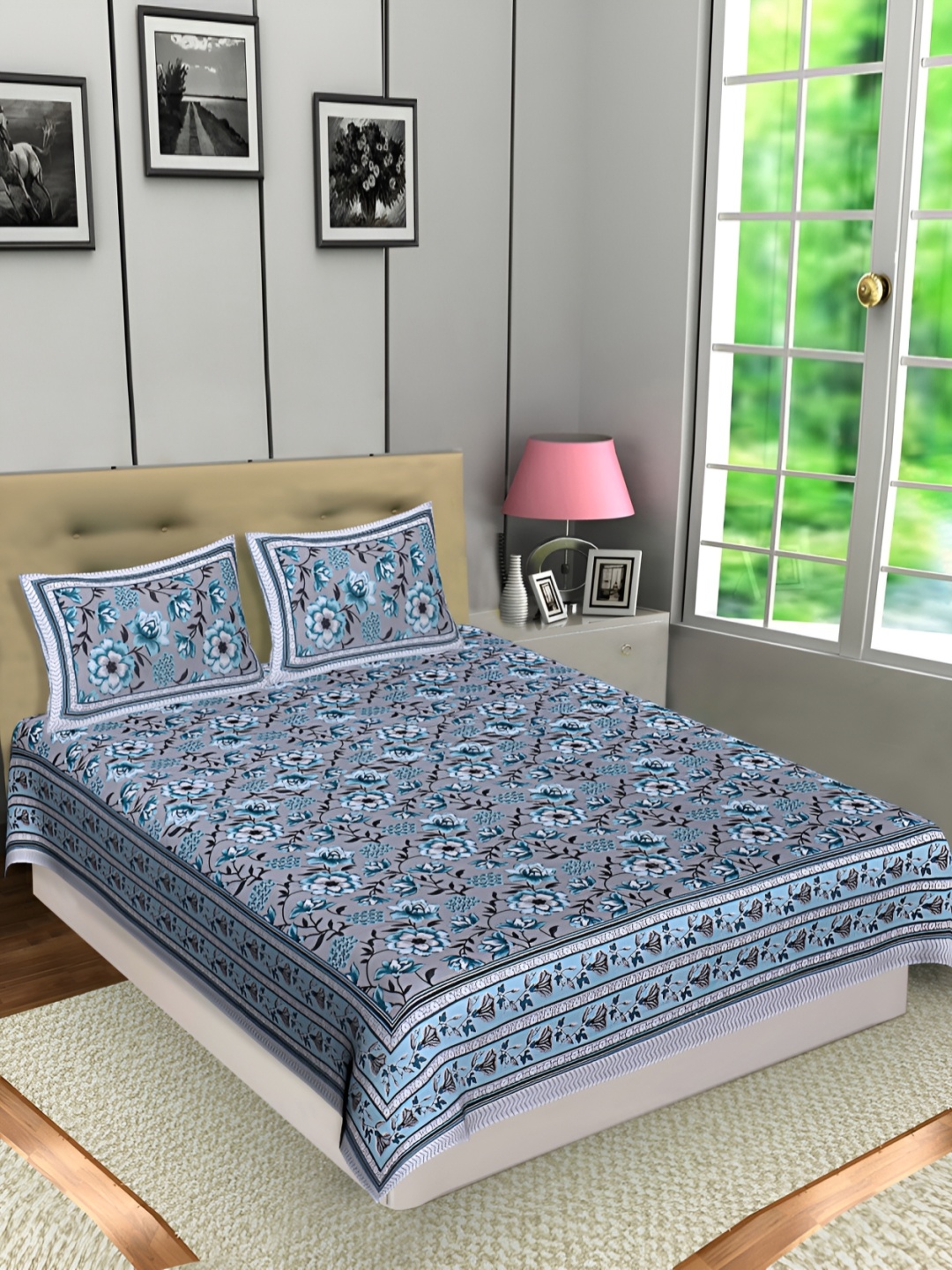 

Texstylers Blue & Grey Floral Cotton 144 TC Queen Bedsheet with 2 Pillow Covers