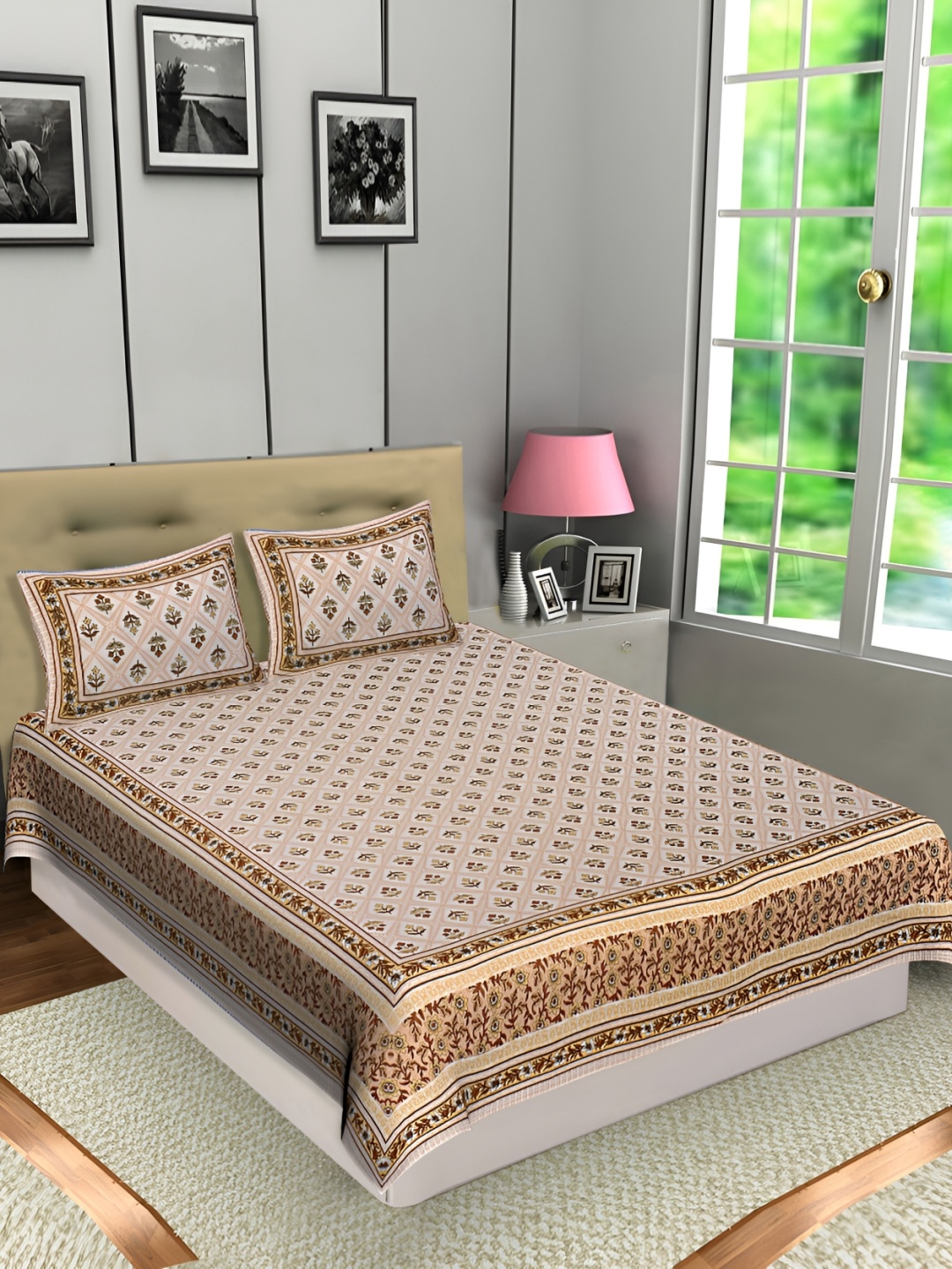 

Texstylers Orange Floral Cotton 144 TC Queen Bedsheet with 2 Pillow Covers