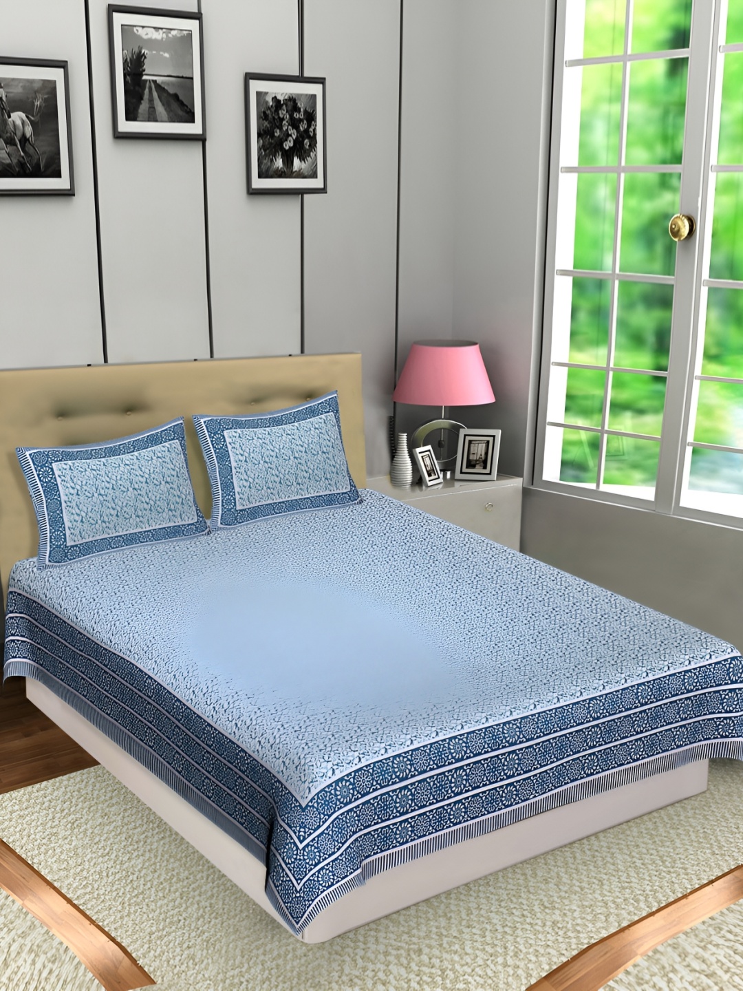 

Texstylers Blue Floral Cotton 144 TC Queen Bedsheet with 2 Pillow Covers