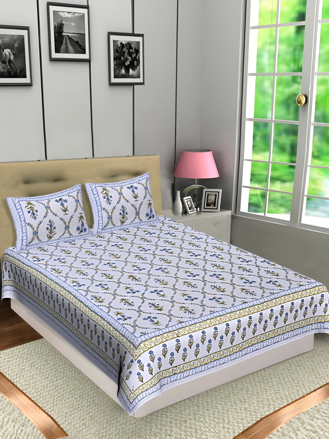 

Texstylers Blue Floral Cotton 144 TC Queen Bedsheet with 2 Pillow Covers