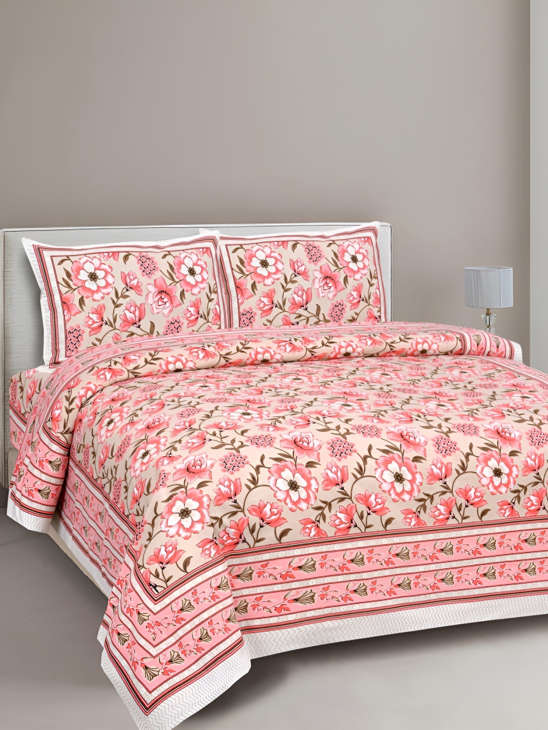 

Texstylers Pink Floral Cotton 144 TC Queen Bedsheet with 2 Pillow Covers