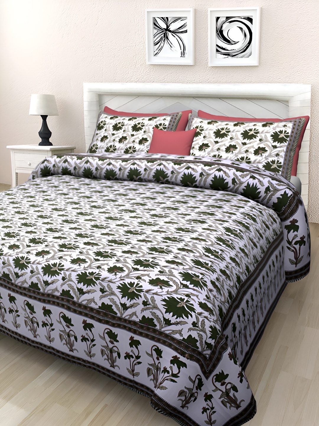 

Texstylers Green & White Floral Cotton 144 TC Queen Bedsheet with 2 Pillow Covers