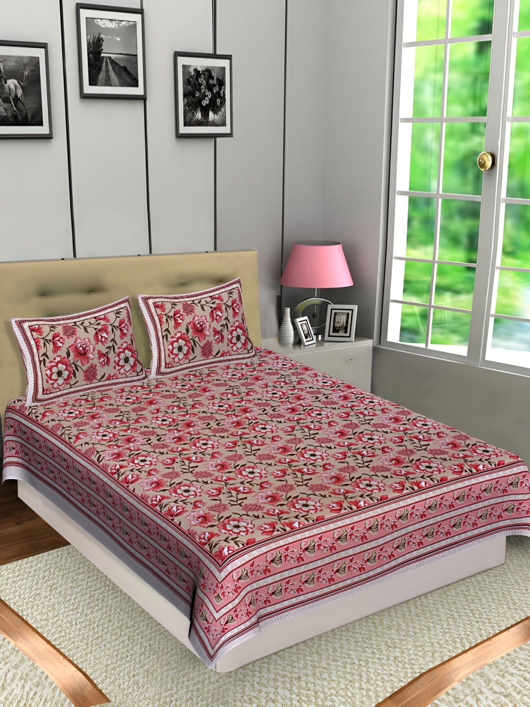

Texstylers Pink Floral Cotton 144 TC Queen Bedsheet with 2 Pillow Covers 120 GSM