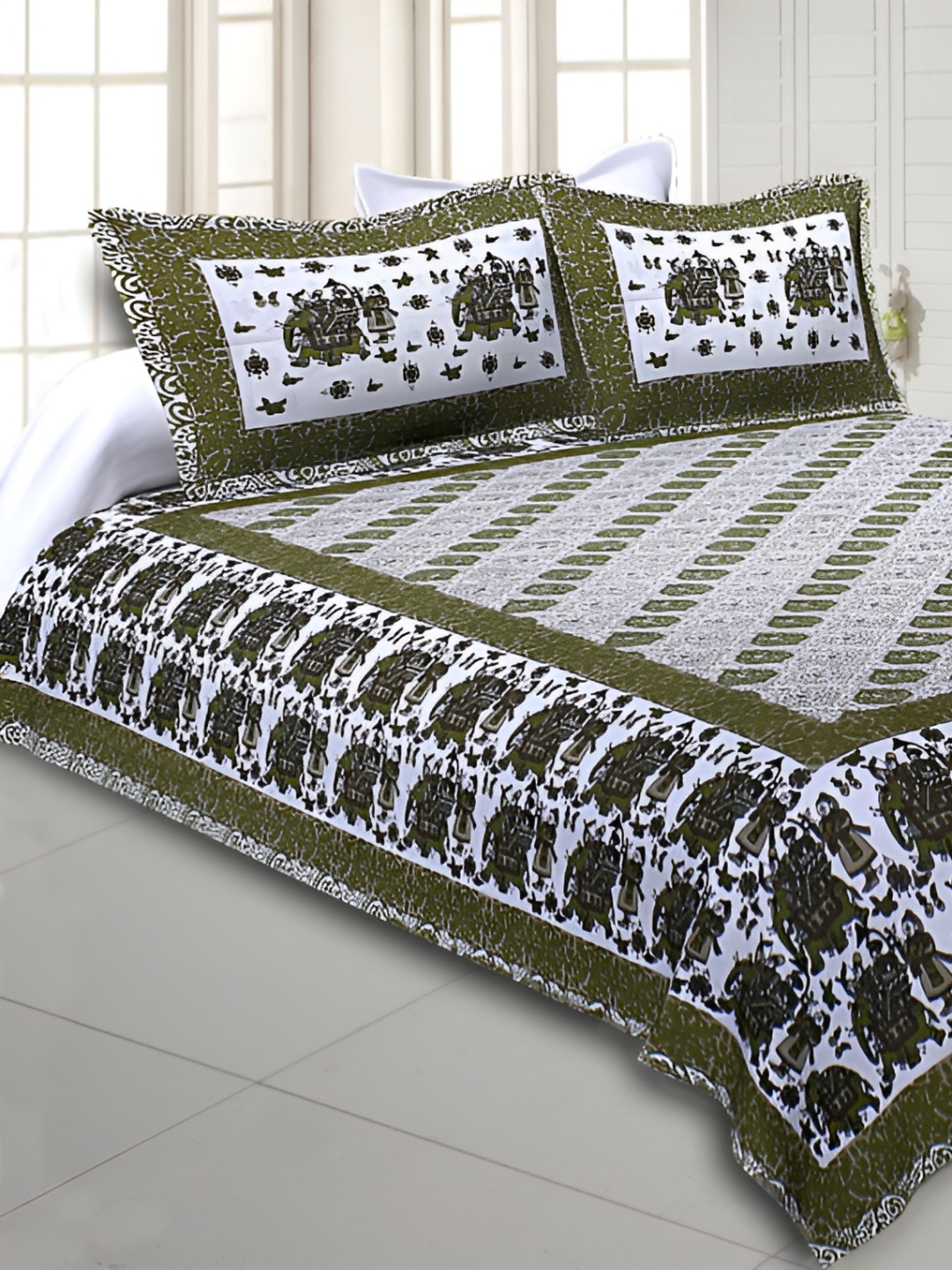 

Texstylers Green Floral Cotton 144 TC Queen Bedsheet with 2 Pillow Covers 120 GSM