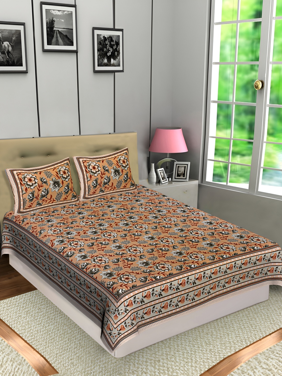 

Texstylers Orange Floral Cotton 144 TC Queen Bedsheet with 2 Pillow Covers