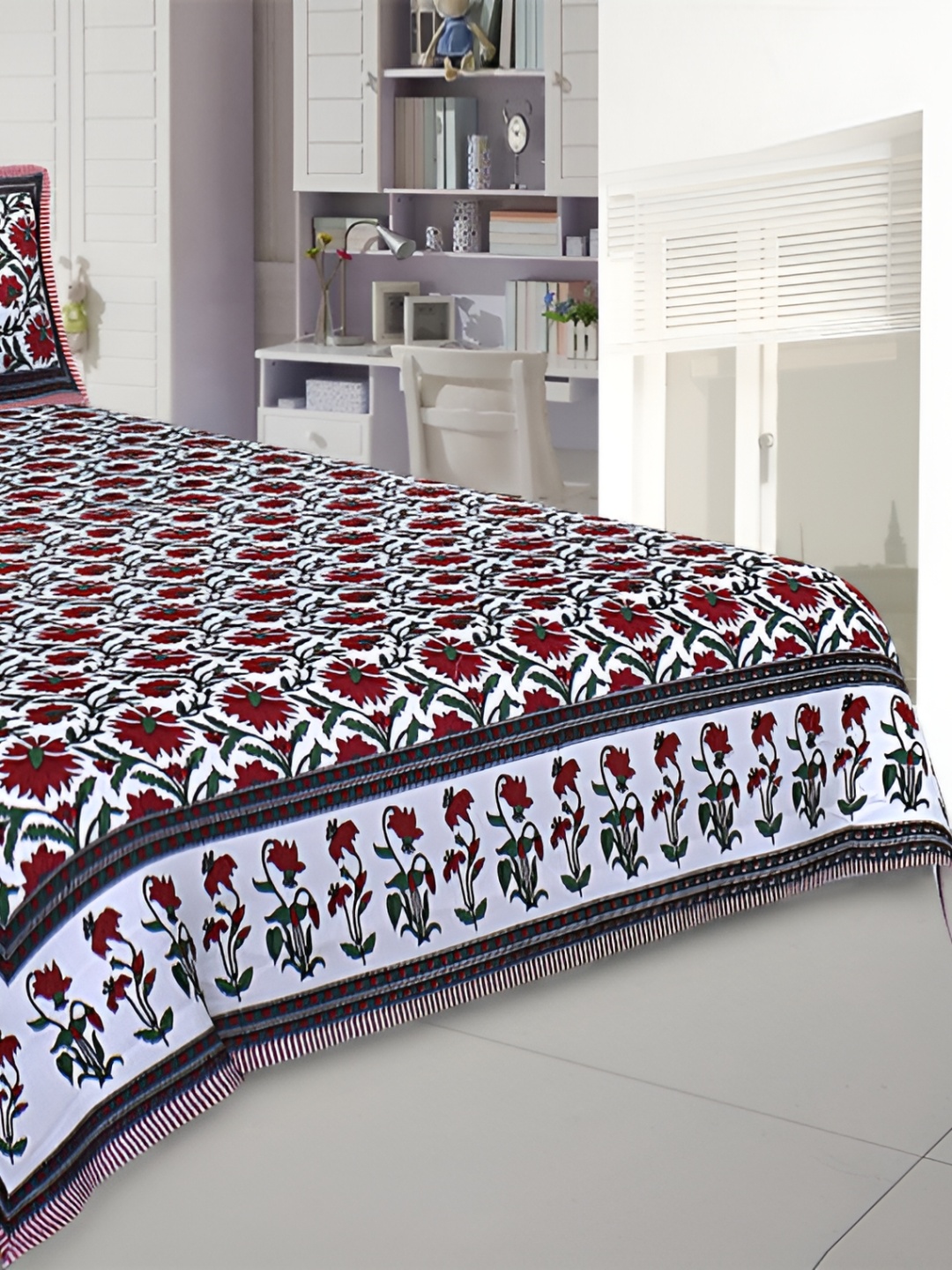 

Texstylers Red Floral Cotton 144 TC Queen Bedsheet with 2 Pillow Covers