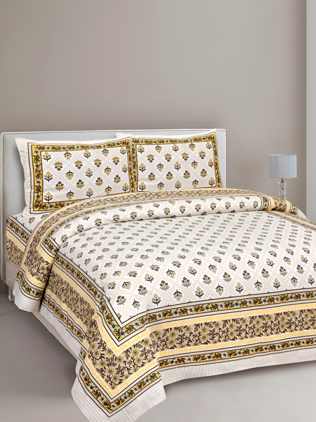 

Texstylers Yellow Floral Cotton 144 TC Queen Bedsheet with 2 Pillow Covers 120 GSM, White