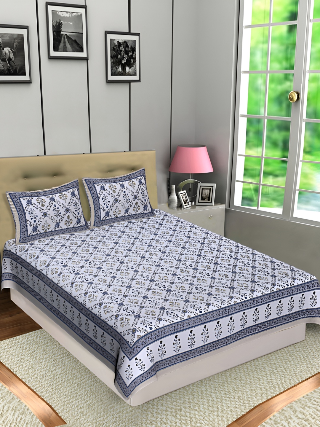 

Texstylers Grey Floral Cotton 144 TC Queen Bedsheet with 2 Pillow Covers