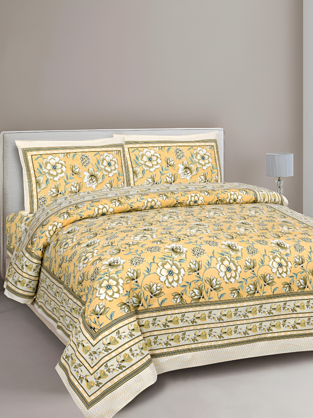 

Texstylers Yellow Floral Cotton 144 TC Queen Bedsheet with 2 Pillow Covers